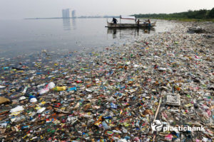Floating plastic waste clogs the shoreline.