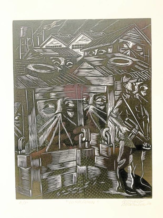 “Lockdown,” a rubbercut by Neil Doloricon, is one of the artist’s last works. He died in July last year.