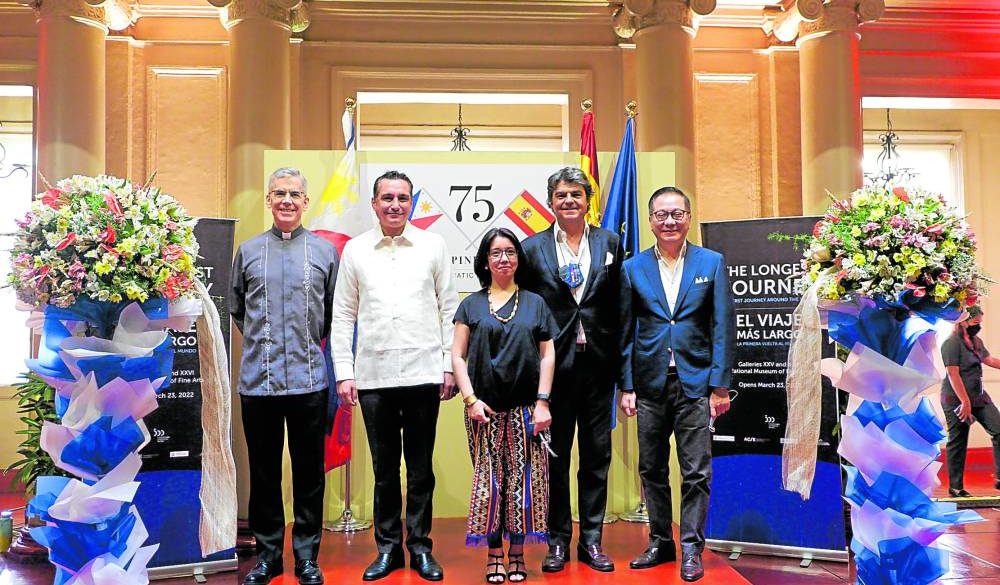 The Embassy of Spain and the National Museum of the Philippines recently unveiled “The Longest Journey: The First Journey Around the World” exhibit, now on display at the National Museum of Fine Arts. At the opening were: (from left) Archbishop Charles John Brown III; National Museum director Jeremy Robert M. Barns; Luli Arroyo-Bernas, chair of the board of trustees, National Museum; Spain Ambassador Jorge Moragas Sanchez; and Dr. Andrew L. Tan, chair of Alliance Global Group. The exhibit chronicles important milestones of the first circumnavigation of the world by Ferdinand Magellan and Sebastian Elcano.