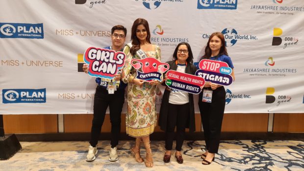 Miss Universe Harnaaz Sandhu (second from left) joins Plan International Philippines Country Director Ana maria Locsin (second from right) and youth leaders Bryze (left) and Adriana in advocating menstrual equity