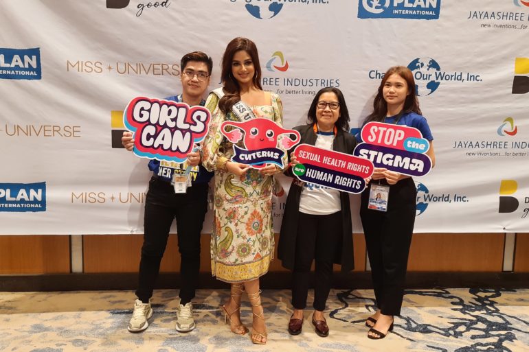 Miss Universe Harnaaz Sandhu (second from left) joins Plan International Philippines Country Director Ana maria Locsin (second from right) and youth leaders Bryze (left) and Adriana in advocating menstrual equity