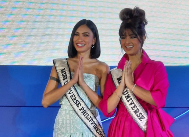 Miss Universe Harnaaz Sandhu (right) is reunited with Miss Universe Philippines Beatrice Luigi Gomez, one of her close friends during the international competition