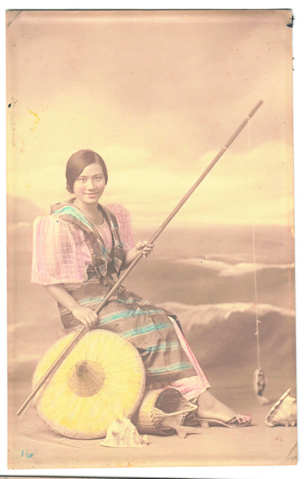 Hand-tinted postcards of 1930s Balintawak from the album of Josefina T. Gonzales, a second-generation designer from the house of R.T. Paras. They show the various components of the ensemble and how they can be worn.