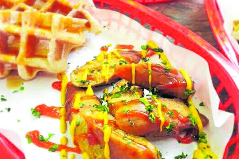 Hungarian sausage waffles at Waffle Joint
