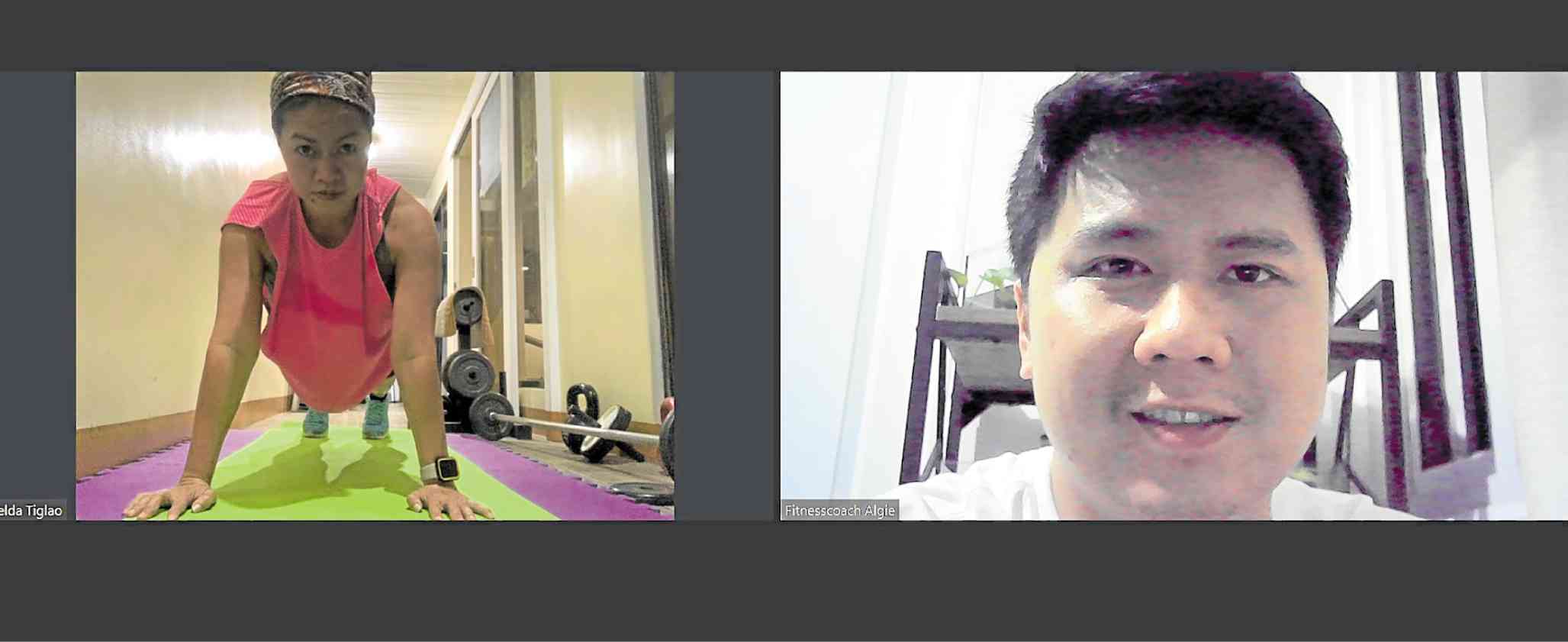 Mel Tiglao works out during an online session with Coach Algie