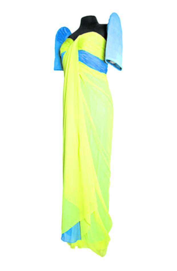 Chiffon terno in chartreuse and royal blue, with soft drapes commencing at the bust and falling gently to the hem