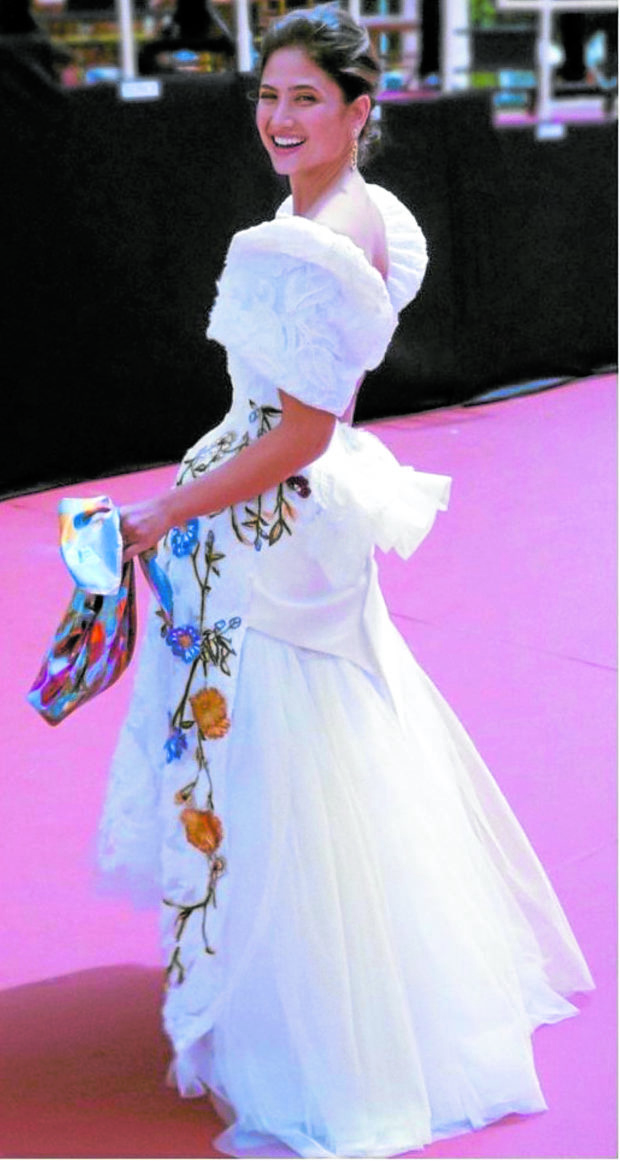 Irene Marcos-Araneta’s daughter-in-law, Alexandra Rocha-Araneta, wearing Lesley Mobo terno