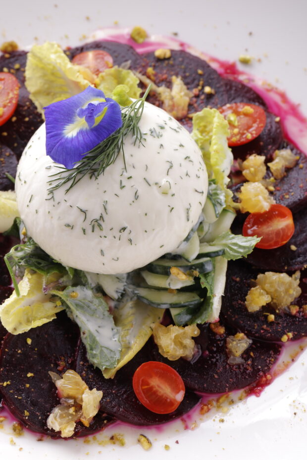 Burrata and Beets (roasted sweet beets, fresh dalandan bits, fresh dill and mint, cucumbers, and roasted pistachios)