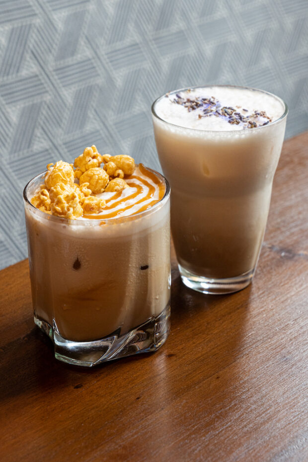 Shoyu caramel popcorn cappuccino and Sagada honey lavender latte
