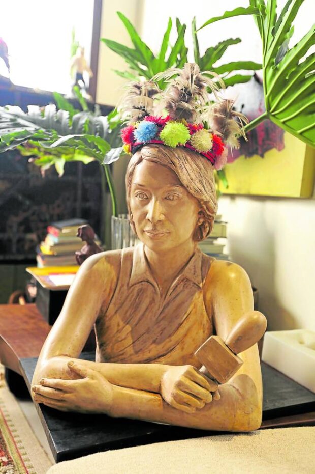 A likeness of Oreña-Drilon by Julie Lluch (with a headdress from Oreña-Drilon’s child’s recent fashion show).