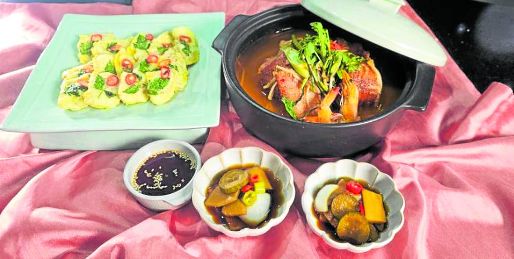 Clockwise, from top left: "Lapu Lapu Jeon" ("Lapu Lapu" Pancake), "Maewuntang" (Spicy "Lapulapu" Stew), and "Sayote Jjangajji" ("Sayote" Pickle)