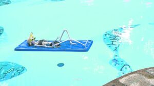 A skeleton sunbathes in the pool.