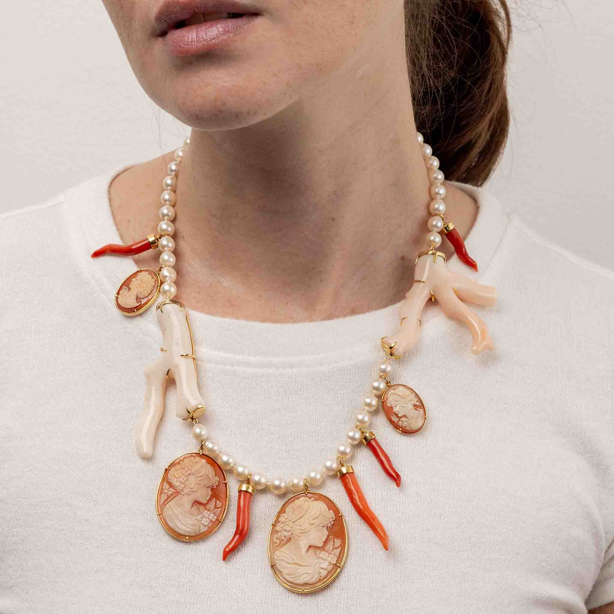 Angel Skin Coral and Shell Cameo Assemblage Necklace by Paul Syjuco