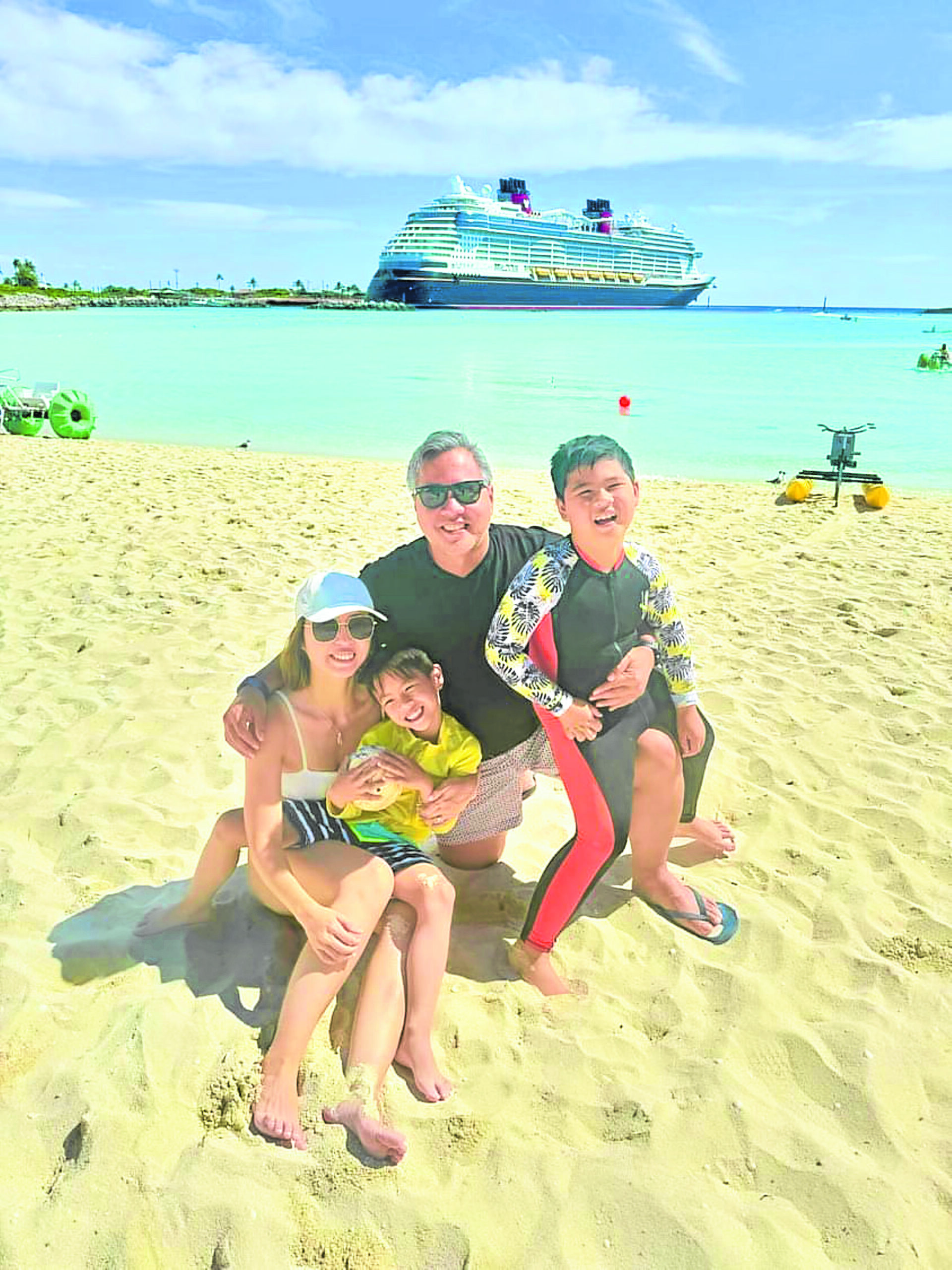 Jacqe Gutierrez with husband Vic and sons Raf and Anton at Castaway Cay,Disney’s private island in the Bahamas