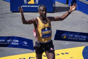 Sisay Lemma of Ethiopia takes first place in the menís professional field during the 128th Boston Marathon in Boston, Massachusetts, on April 15, 2024. The marathon includes around 30,000 athletes from 129 countries running the 26.2 miles from Hopkinton to Boston, Massachusetts. The event is the world's oldest annually run marathon. (Photo by Joseph Prezioso / AFP)