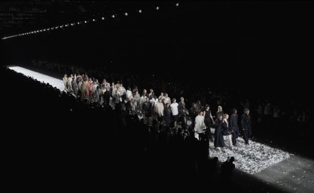 At Dries van Noten’s last show, a silver leaf runway, silver foxes, ancient Japanese art, and a giant disco ball