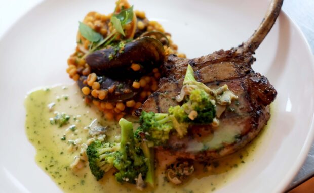 6. Spanish Pork Tomahawk with Razor Clams in Garlic Sauce, Fregola Pasta Seafood Paella