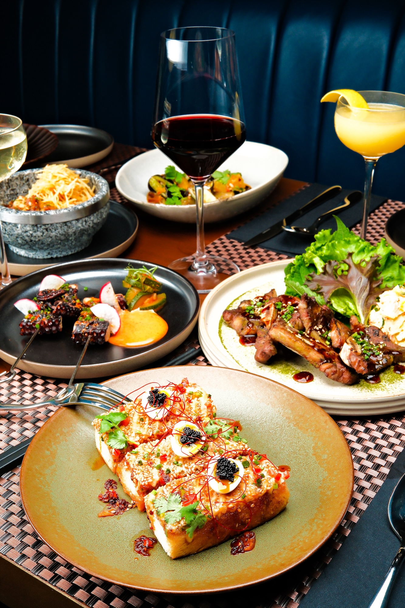 Clockwise from left: Octopus Leg, Beef Short Rib, Prawn Toast