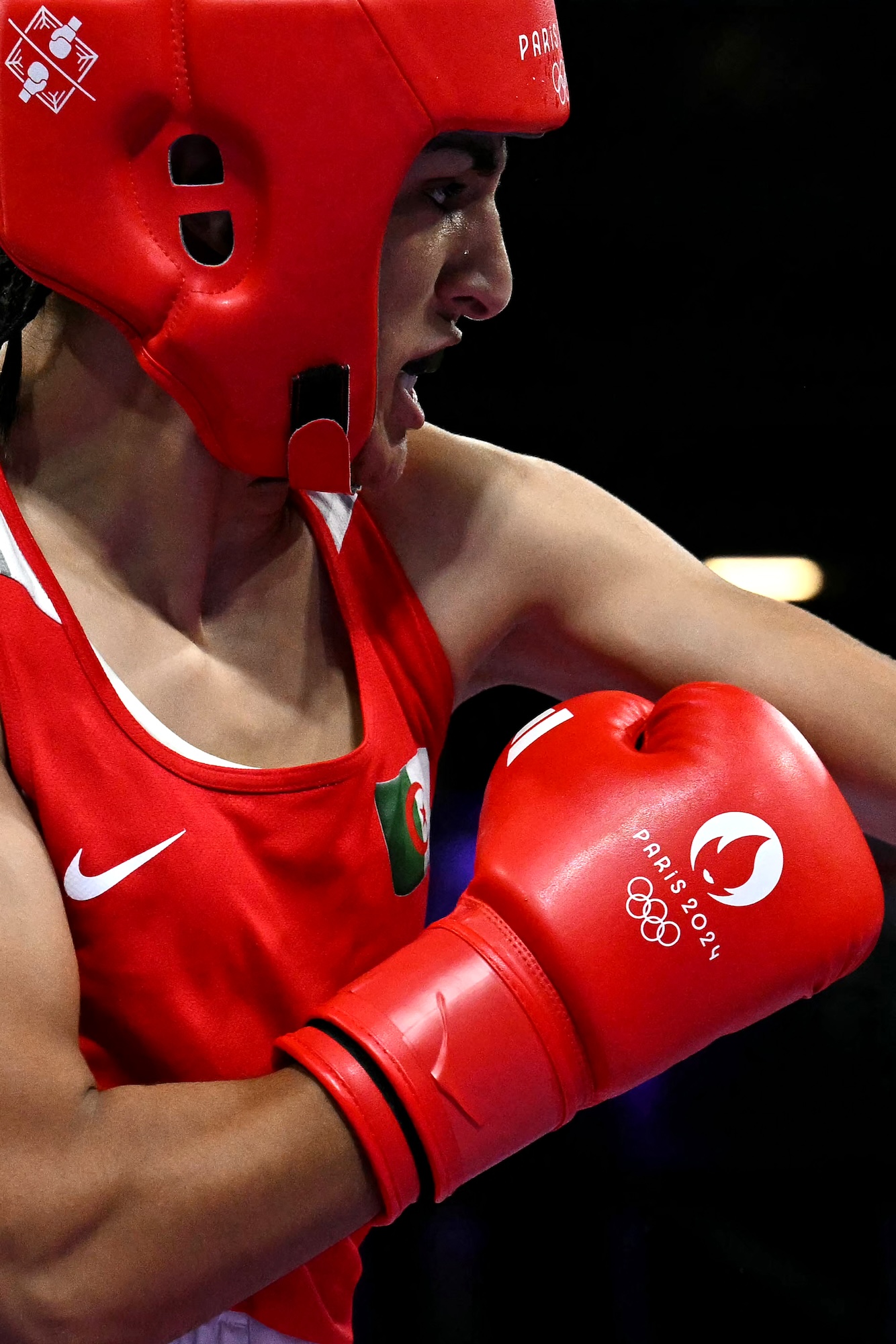 Algeria's Imane Khelif fights against Italy's Angela Carini in the women's 66kg preliminaries round of 16 boxing match during the Paris 2024 Olympic Games at the North Paris Arena, in Villepinte on August 1, 2024. (Photo by MOHD RASFAN / AFP)