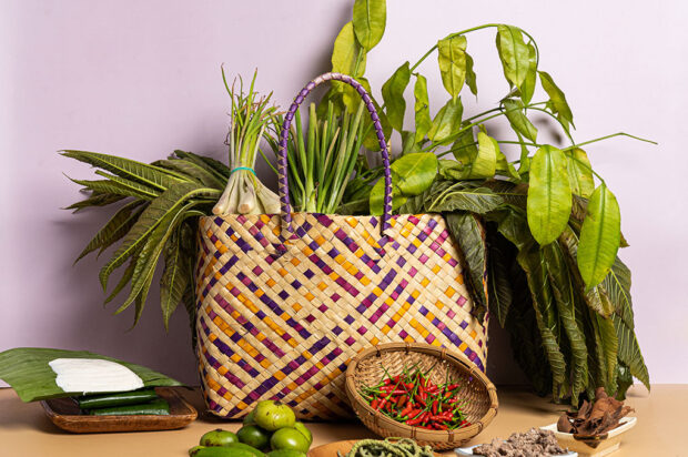 In basket, from L-R: Lubi-lubi, sakurab, lasona, libas. On surface, from L-R: kesong puti, batwan, himbabao/alukon, siling labuyo, landang, kalingag (local cinnamon)