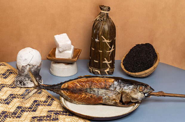 Clockwise, from left: Indigenous salts asin tibuok, tultul, asin sa buy-o; with gamet (dried seaweed), and bakas (smoked yellow fin tuna)