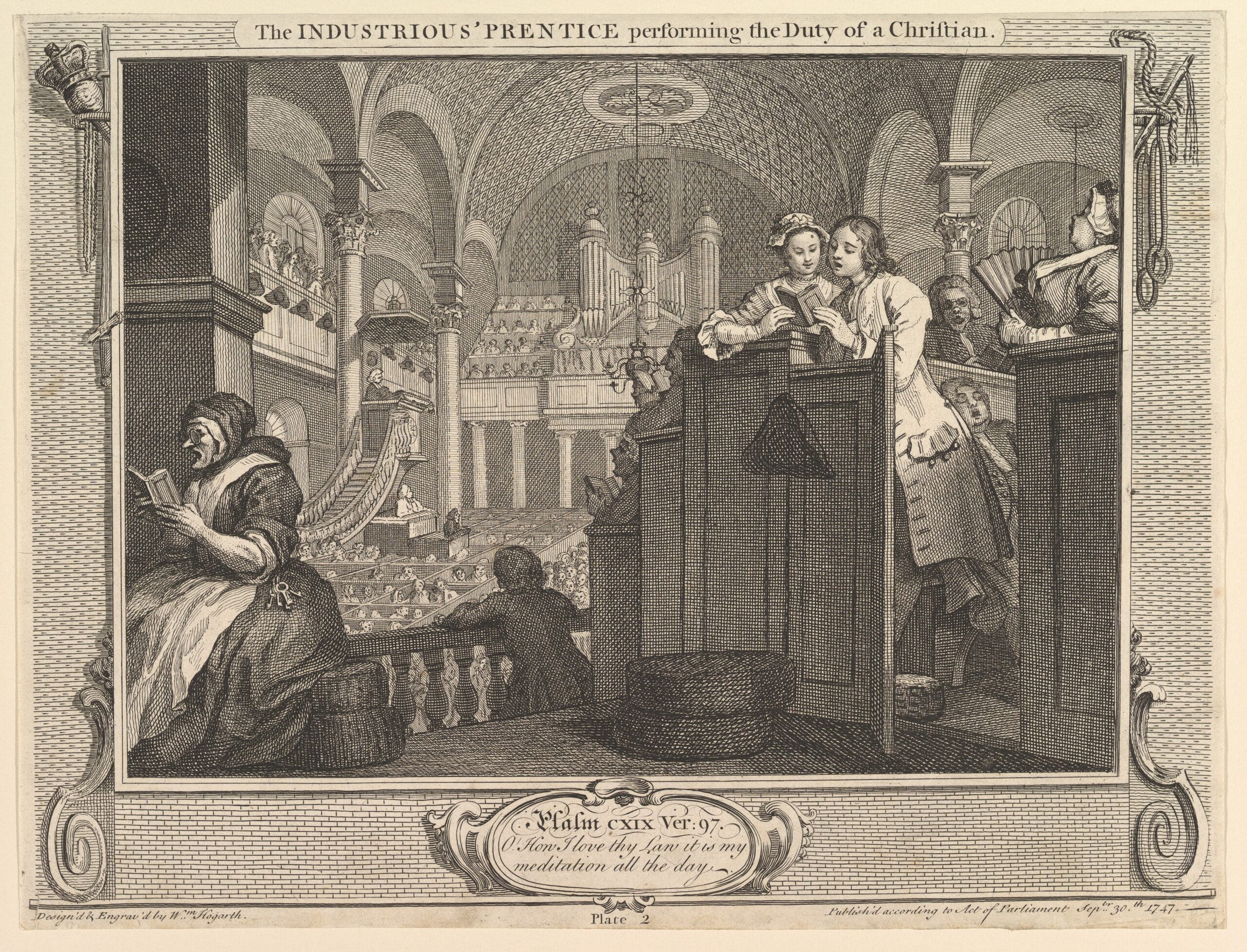 The Industrious 'Prentice Performing the Duty of a Christian: Industry and Idleness, plate 2 by William Hogarth 