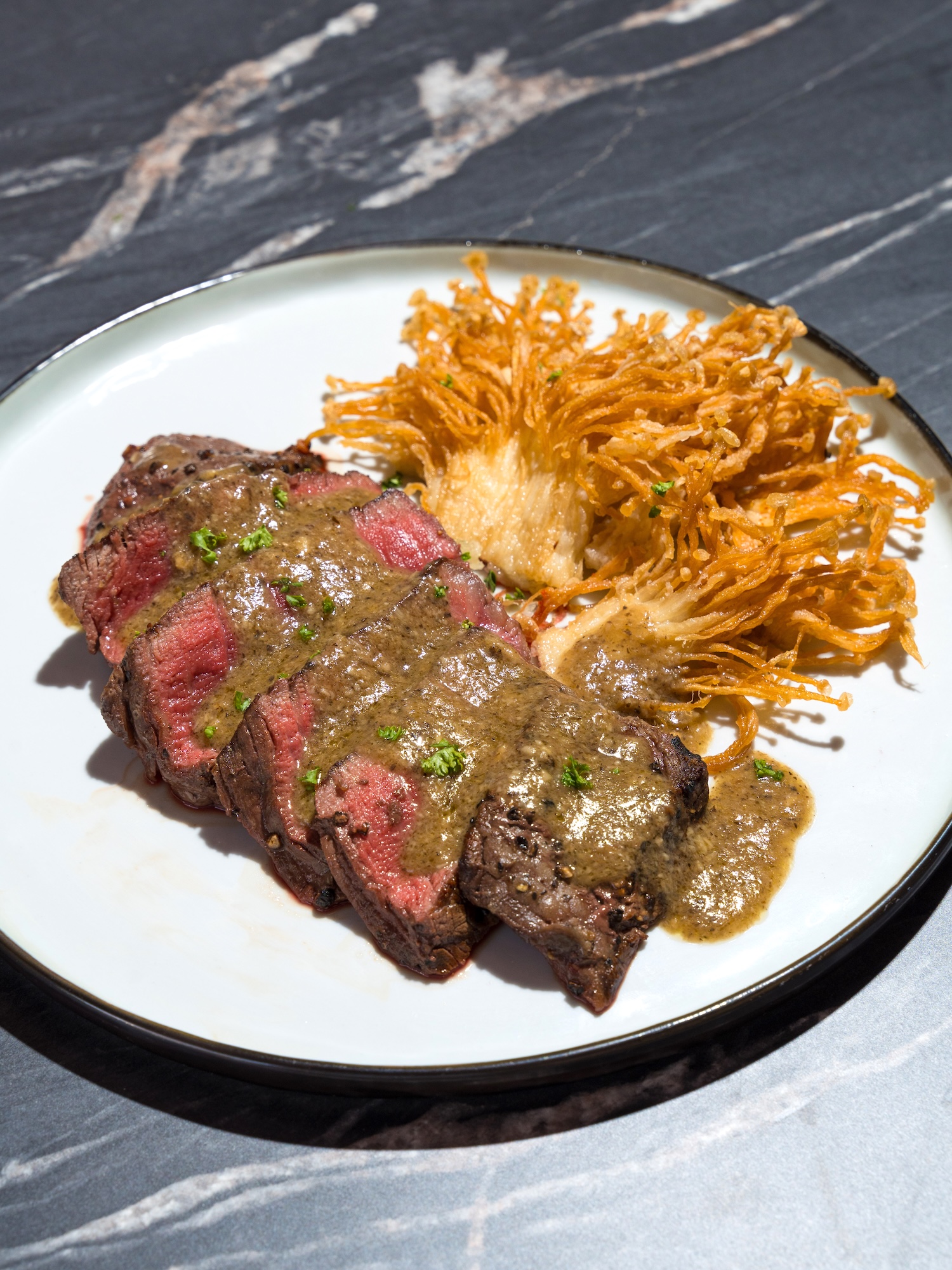 Steak and enoki frites