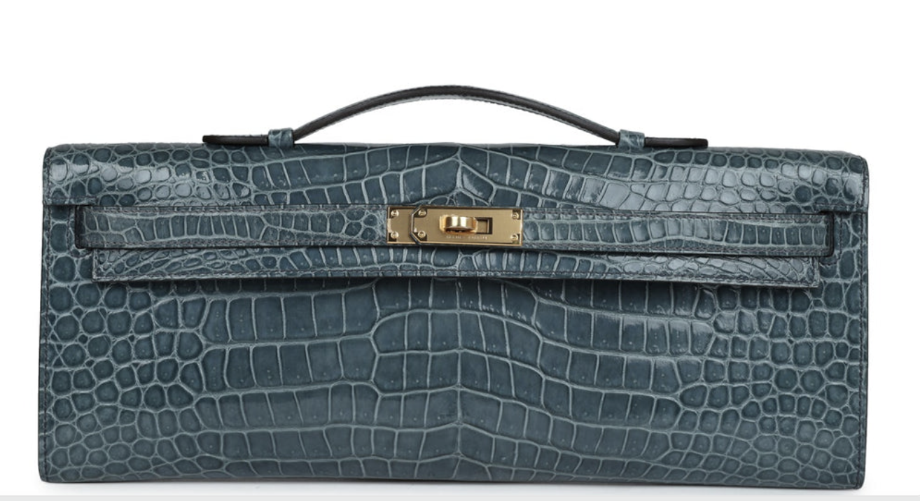 Hermès Kelly Cut Bleu Jean Shiny Porosus Crocodile Gold Hardware