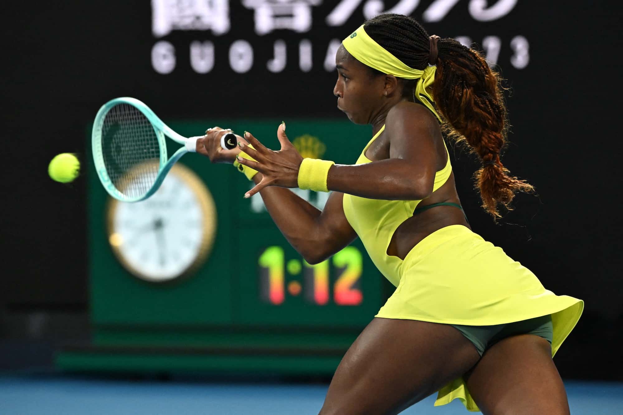 USA's Coco Gauff hits a return against Canada's Leylah Fernandez during their women's singles match on day six of the Australian Open tennis tournament in Melbourne on January 17, 2025. (Photo by Paul Crock / AFP) / -- IMAGE RESTRICTED TO EDITORIAL USE - STRICTLY NO COMMERCIAL USE --