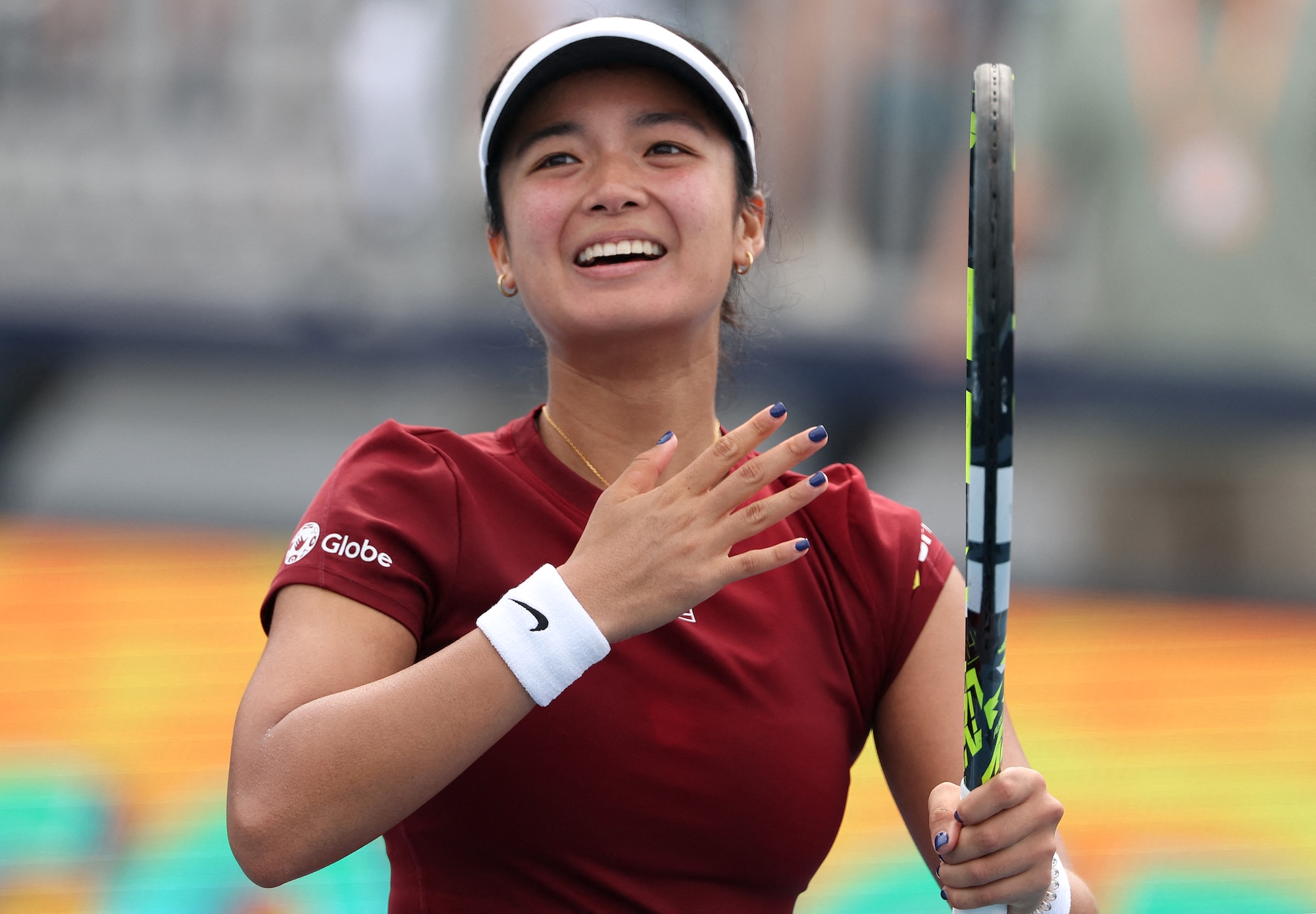 MIAMI GARDENS, FLORIDA - MARCH 23: Alex Eala of Philippines celebrates her win against Madison Keys during Day 6 of the Miami Open at Hard Rock Stadium on March 23, 2025 in Miami Gardens, Florida. Al Bello/Getty Images/AFP (Photo by AL BELLO / GETTY IMAGES NORTH AMERICA / Getty Images via AFP)