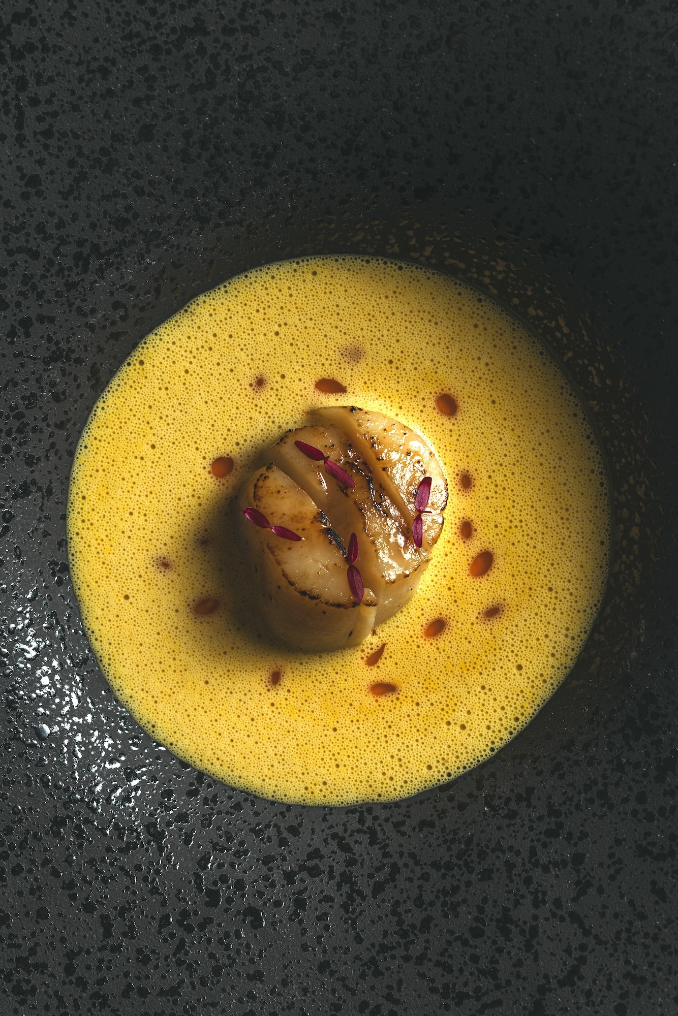 Hokkaido scallops and corn (smoked and cured Hokkaido scallops,Japanese corn, shrimp head fat)
