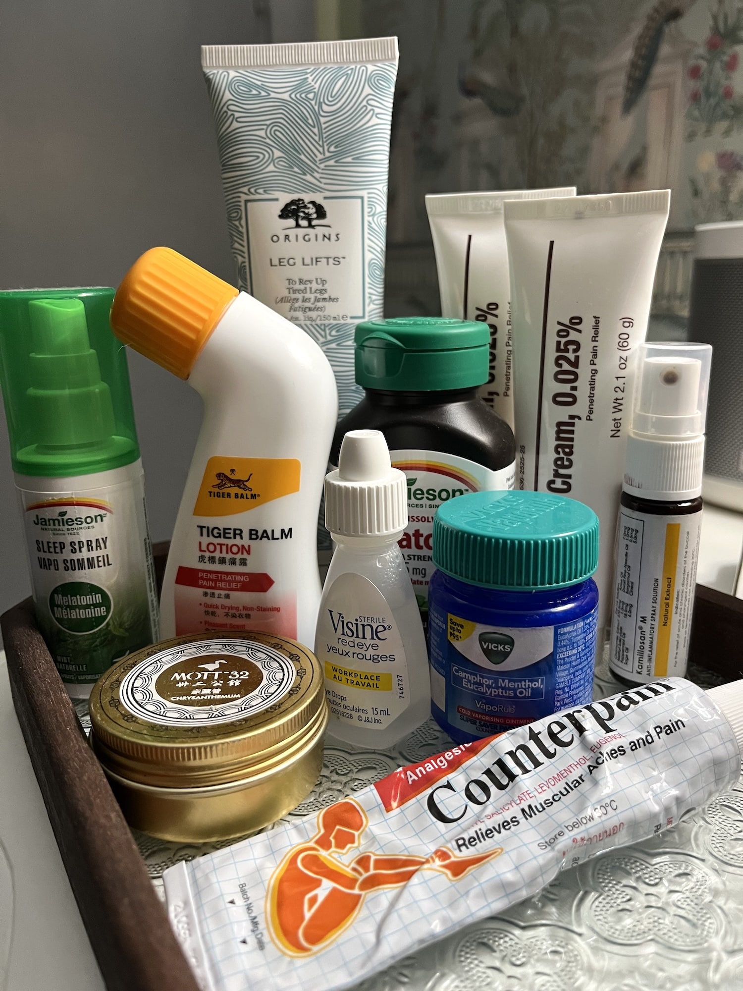 The author's bedside table now resembles a pharmacy