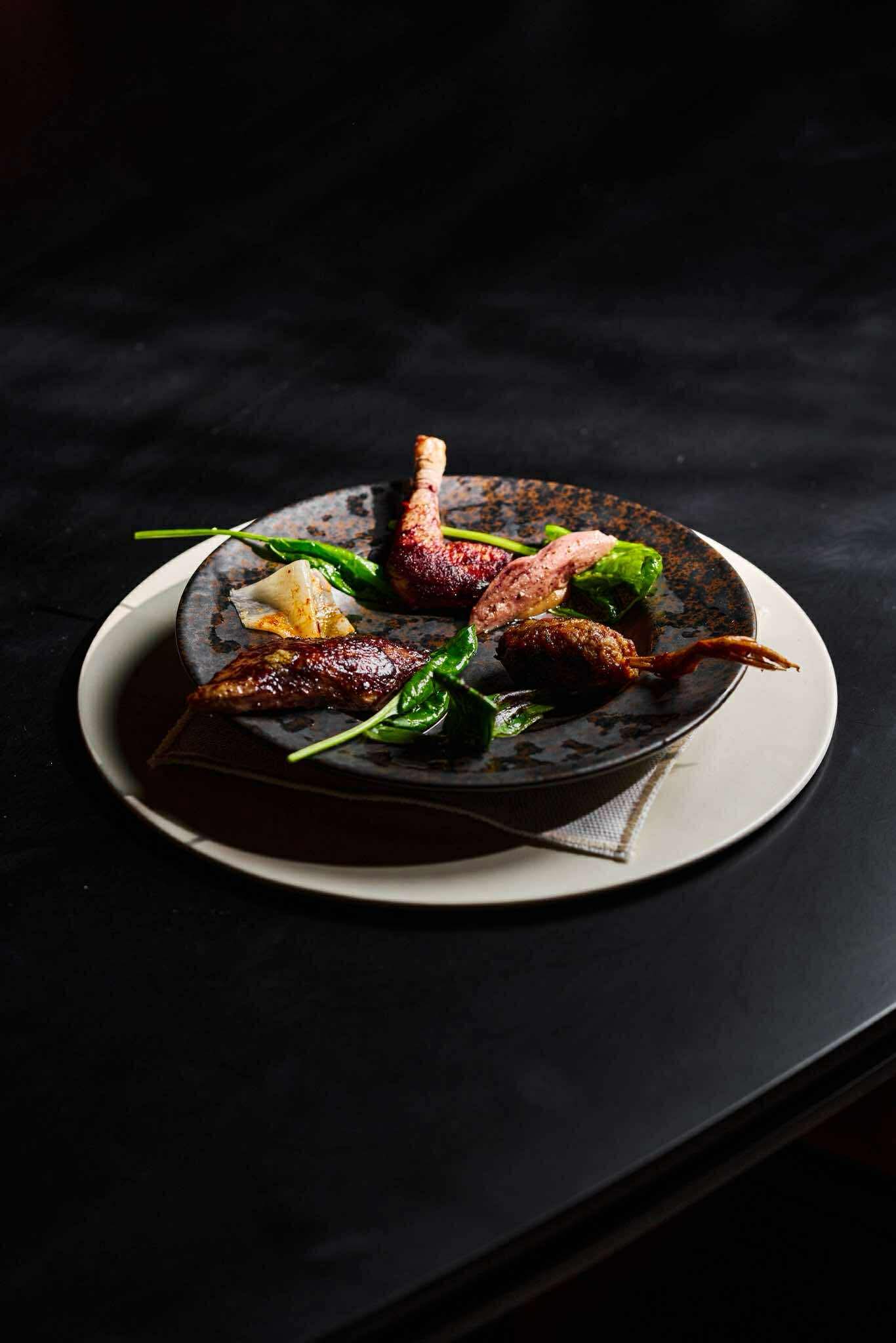 pigeon, beetroot curry, mulberry, pine