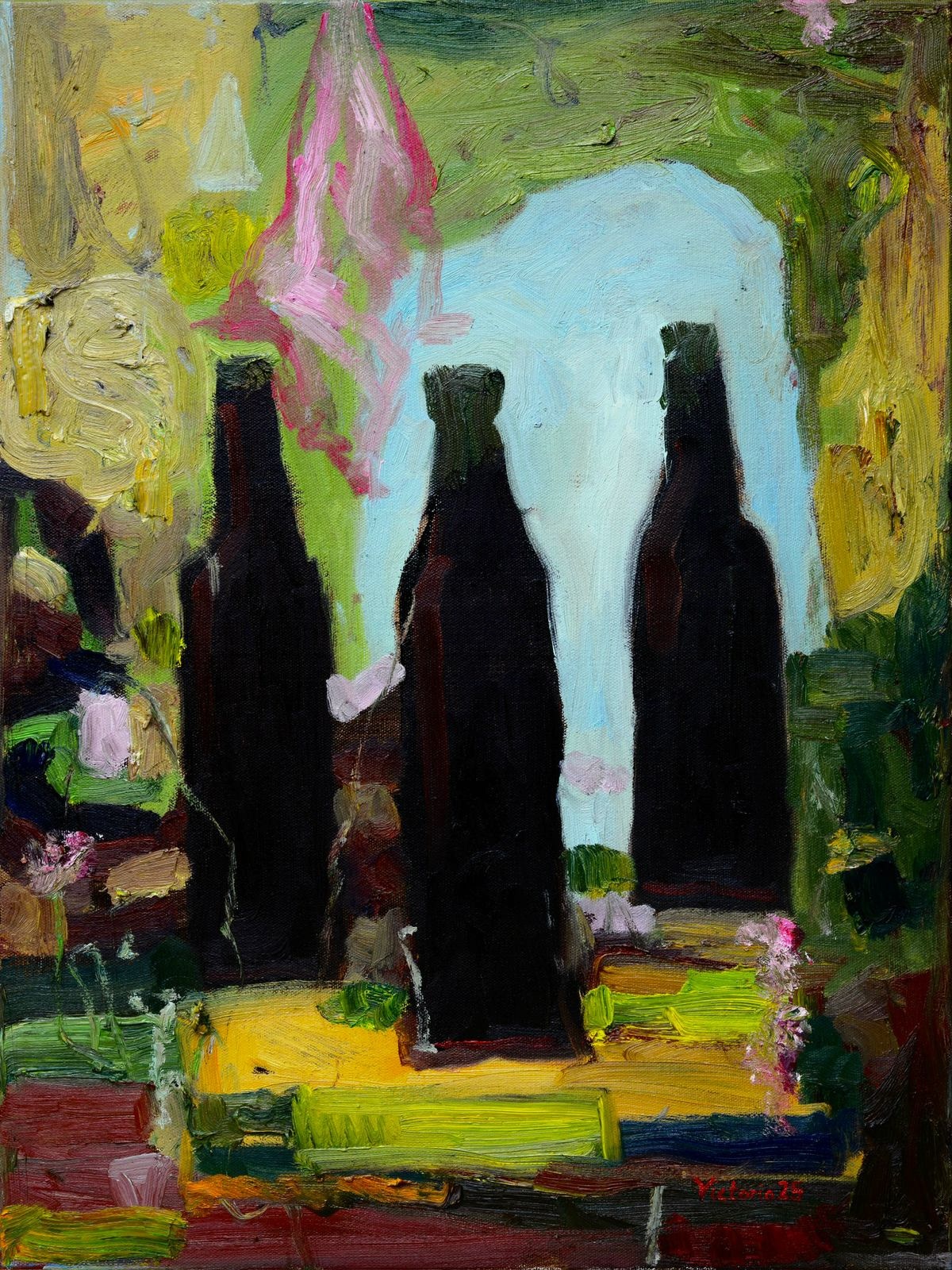 She paints a slightly abstracted still life of wines
