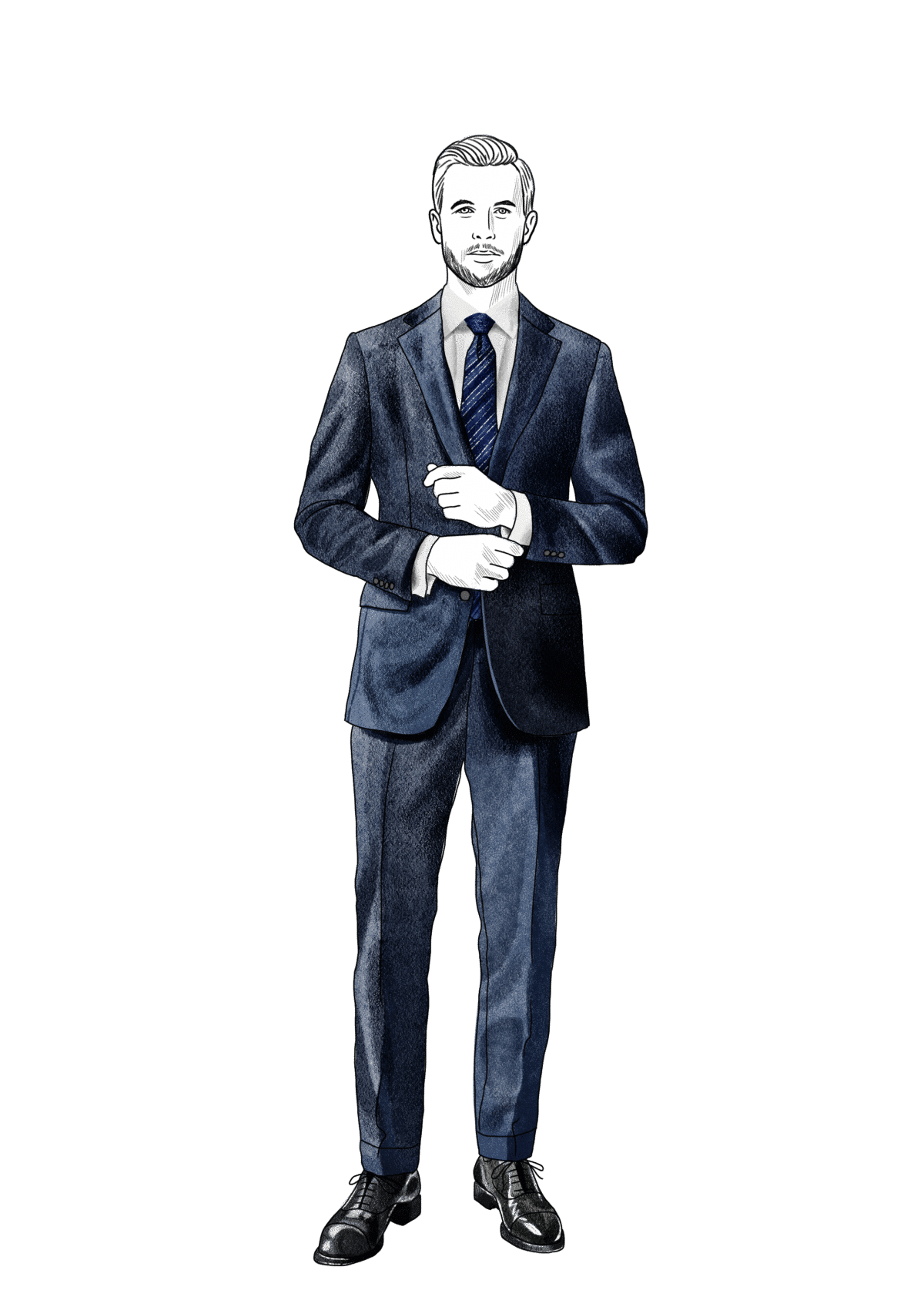 5. Formal: A dark suit, white spread-collar shirt, conservative tie, and Oxfords
